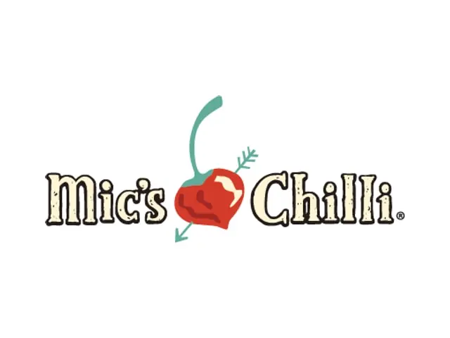 A logo saying "Mic's chilli" with a stylised heart shaped chilli with an arrow through it